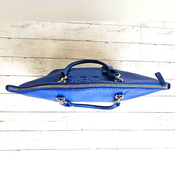 Joe's Large Blue Weekender Handbag Purse Vegan Leather Tote Bag Zip up Gold - Picture 9 of 16